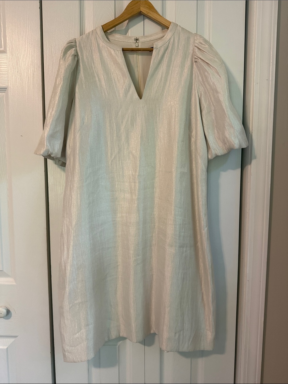 Ann Taylor Cream Puff-Sleeve V-Neck Shift Dress